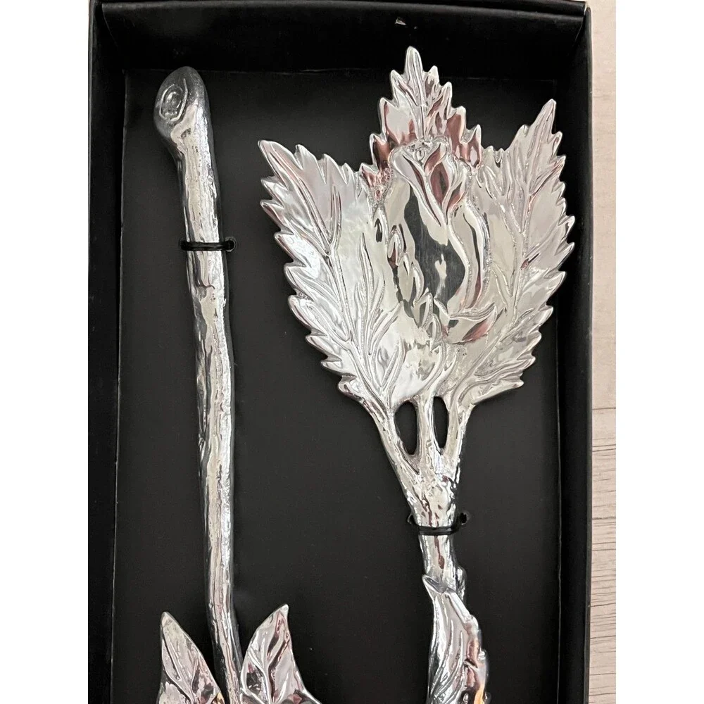 NIB Aluminum Salad Servers Set Sunflower Rose Floral Silver Wedding Party Gift
